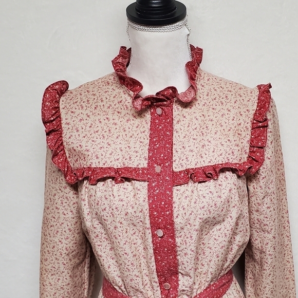 Vintage 60s JCPENNEY Tan Red Floral Calico Print Tie-Waist Boho Peasant Dress S - Picture 5 of 15